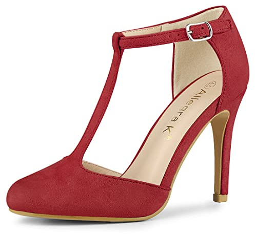 Allegra K Escarpins à bout arrondi pour femme avec talons aiguilles et bride en T, Rouge, 4.5 UK