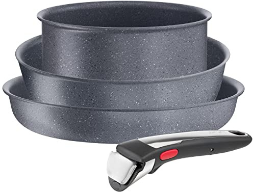 Tefal - Ingenio Natural On set med 3 stekpannor och kastruller med handtag | Set med stekpanna med patenterat avtagbart handtag, hälsosam PFOA-fri matlagning, stapelbar för optimal utrymmesbesparing
