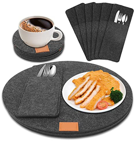 Yuragim Juego de 18 manteles Individuales de Fieltro Redondos, se Pueden Limpiar 34 cm + 6 Posavasos de Cristal + 6 Bolsillos para Cubiertos, Lavables, Familia y Restaurante
