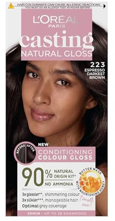Casting Natural Gloss 2.23 Brown Espresso: A no-ammonia, glossy hair colour lasting 32 washes. Up to 3x glossier, 4x silkier, healthier hair with a deep, intense Brown Espresso.