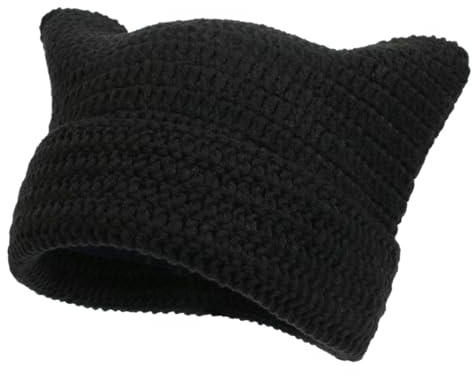 DANMY Women's Winter Beanie, Soft Knit Lazy Cat Ear Beanie, Black