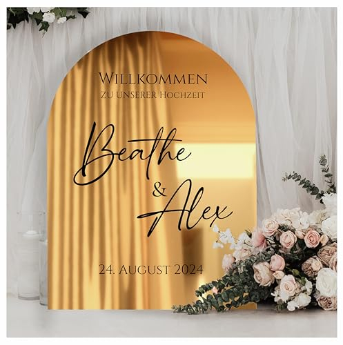 Manschin-Laserdesign Willkommensschild Acrylglas Spiegel personalisiert in veschiedenen Farben - Made in Germany - Welcome Willkommen Schild für Hochzeit (90x60, Gold)