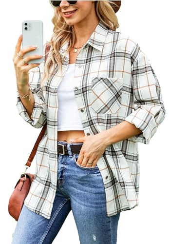 Agoeast Womens Oversized Button Down Plaid Flannel Shirts Casual Long Sleeve Checked Blouse Top(0068-Beige-L)