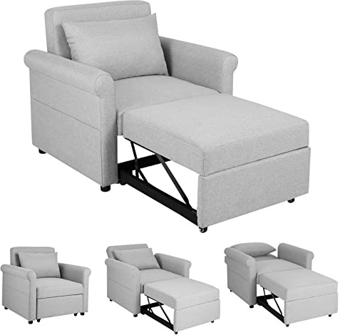 COSTWAY Pull Out Single Sofa Bed, 3-in-1 Convertible Sofa Chair Bed Sleeper Couch with Adjustable Backrest, Pillow and Side Pockets, Fabric Folding Recliner Armchair Lounge Chair for Living Room, Grey