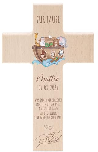 wunderwunsch® - Personalisiertes Taufkreuz mit hochwertigem Spezial-Druck aus massivem Buchenholz - Taufe Geschenk - Holzkreuz Taufe (Arche Tiere)
