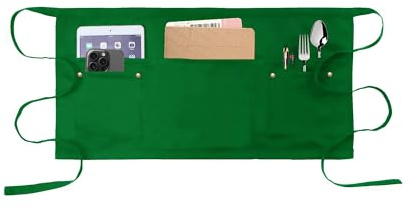 MIKI WELL Waitress Apron with 5 Pockets - Green Waist Apron Short Half Work Aprons for Waitress Waiter Women Men Chef (Green)