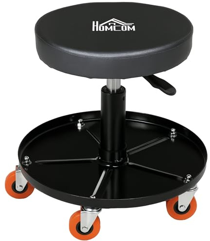 HOMCOM Tabouret de mécanicien, servante d'atelier, Tabouret d'atelier à roulettes, Hauteur réglable, siège pivotant, Plateau de 100 kg pour Le Garage et la réparation Automobile, Noir
