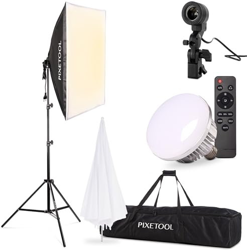 PIXETOOL Estudio Fotográfico – Softbox Bombillas - 1 Softbox 50x70 cm, Paraguas Reflectante Parabólico, Luces a LED 4800 Lúmenes 3000-6000K - Caja de Luz Fotografía - Fotografia Gaming Streaming