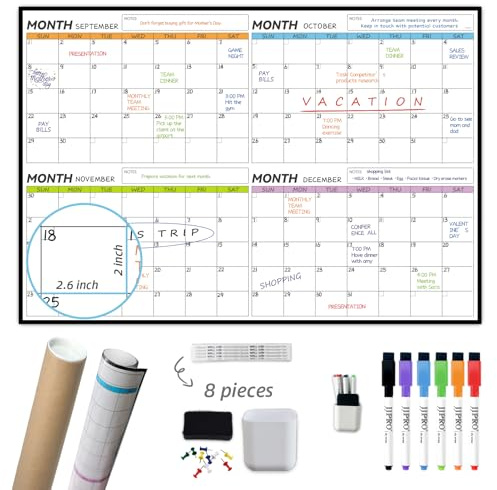 JJPRO Dry Erase 4 Month Wall Calendar - 38x26 Inches - Blank Undated 4 Month Dry Erase Calendar for Wall-Premium Laminated Whiteboard Planner-Reusable 4 Month Jumbo Office Calendar