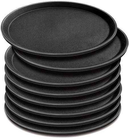 8 Pcs 16 Inch Round Serving Trays Restaurant Serving Trays Plastic Food Drink Serving Tray Non Slip Rubber Lined Black Serving Tray for Party Bar Restaurant Cocktail Cafeteria