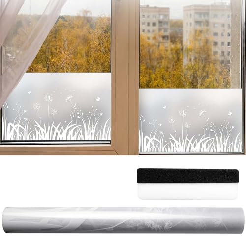 Fensterfolie Blickdicht Sichtschutzfolie Fenster:44x400cm Milchglasfolie Anti-UV Fensterfolie Selbsthaftend Botanisches Muster Statisch Haftend Fensterfolien,Blickdichte Fensterfolie für Schlafzimmer