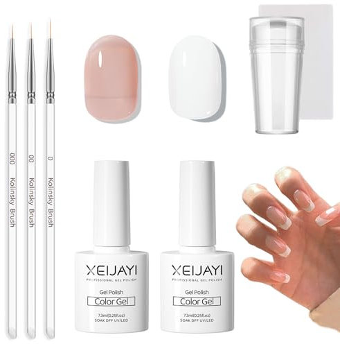 Nude French Manicure Kit - 2PCS Gel Nail Polish - Jelly Nude White Color Nail Polish French Nail Tool Set - 3PCS Thin Nail Art Brushes and Nail Stamper Long Lasting UV Lamp Required