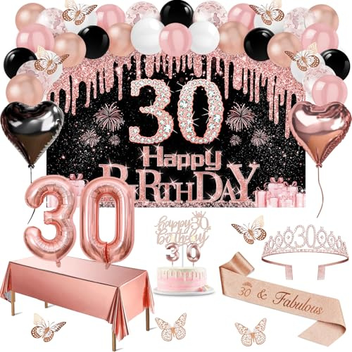 Juesly 30th Birthday Decorations for Her Rose Gold Black 49pcs
