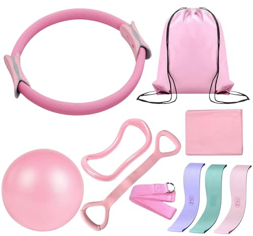 Kottwca Pilates Equipment Ring Kit, 10PCS - Portable Home Pilates Kit for Women - Includes Pilates Circle and Ball, Yoga Equipment, silicone Resistance Bands and Bag, Home Gym Fitness Essential Kit