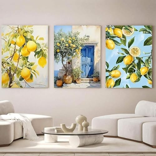 Conjunto de 3 carteles premium, pinturas en lienzo de limón de verano, cuadro de lienzo con impresión artística sin marco, imágenes de decoración boho para sala de estar y dormitorio (50 x 70 cm)