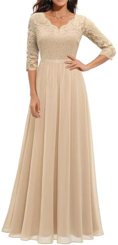 JiaWell Abito Lungo Elegante in Pizzo con Balze, Scollo a V, a Maniche Corte, a Vita Alta, per Damigella d'Onore e Sera(Champagne 1,M)