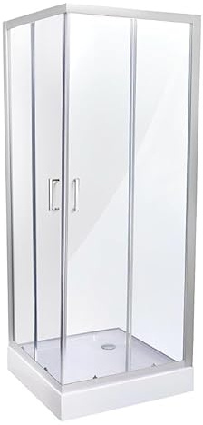 Belvit® Duschkabine Eckdusche 90x90x200 cm mit Schiebetüren und Duschwanne, 4 mm ESG Klarglas, verchromte Profile, Antikalk Nano Beschichtung, Duschabtrennung Eckeinstieg