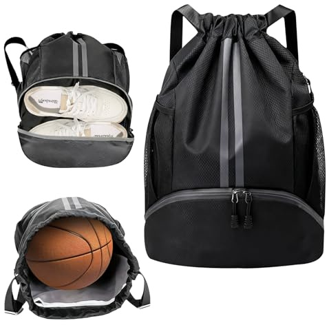 Drawstring Gym Bag, Waterproof Black Drawstring Bag with Shoe Compartment, Wet Pocket, Large Capacity for Balls & Sports Gear, Unisex Sports Bags for Swimming, Soccer, Basketball, School, Travel