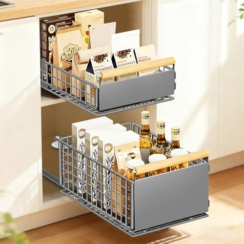 EOJDDPA, Cassetto estraibile per la cucina, 2 pezzi, sistema di cassetti telescopico con estrazione completa, senza foratura, fino a 25 kg, organizer per cassetti per armadi profondi (grigio)