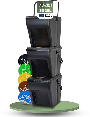 Novaliv Mülltrennsystem Set - 3x 25L Mülleimer Trennsystem - Mülleimer 4 Fächer - Mülltrennsysteme stapelbar - Mülltrennung Recycling Behälter - Abfalltrennsystem - Müll Organizer Müllsortierer