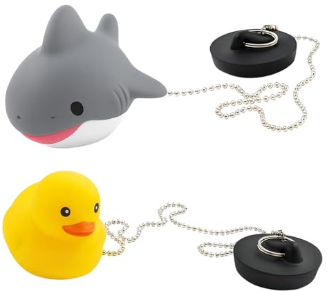 2Pcs Bath Plug and Chain, Duck and Shark Bath Plug Set with Chains, Fun Bath Time Solution for Children, Universal 45mm Drain Stopper for Bathtubs and Sinks