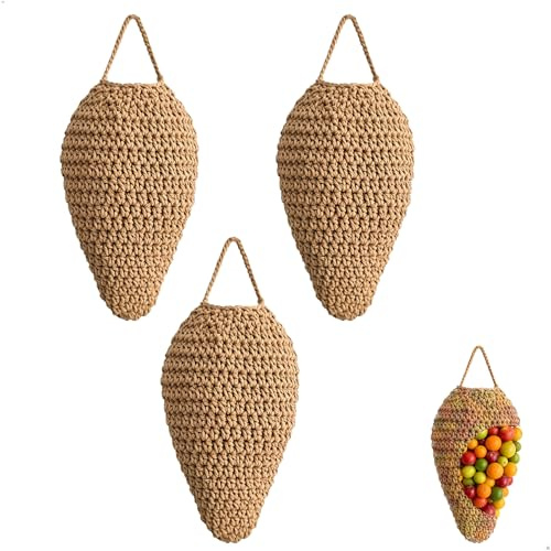 mimzemamz 3 Piezas Cesta Algodón,Cesta Colgante de Estilo Artesanal,Fruteros de Cocina Para Hogar y Jardín Exterior,Cestas Fruta para Cocina con Espacio Verduras,Flores,Tomates y Cebollas (Marrón)