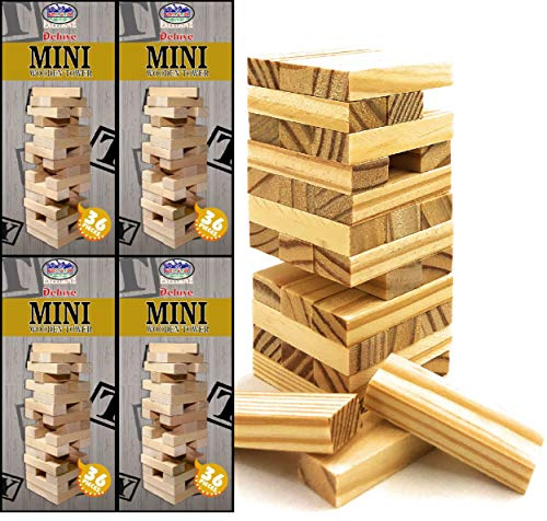 Matty's Toy Stop Mini Wooden Tower 36 Piece Stacking Game (4.25) Gift Set Party Favor Bundle - 4 Pack