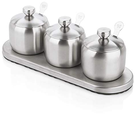 TENTA KITCHEN TENT 18/8 Stainless Steel Seasoning Containers Set Spice Jar Spice Rack Condiment Cruet Bottle Salt Pepper Sugar Storage Organizers with 3 Serving Spoons And Non-slip Base