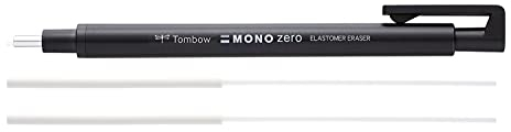 Tombow Präzisionsradierer MONO zero nachfüllbar runde Spitze, Durchmesser 2.3 mm (Schwarz + 2 Refill Radiergummis)