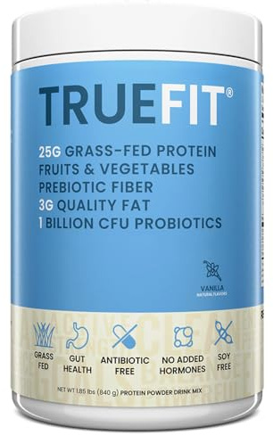 TrueFit High Fiber Protein Powder, Grass-Fed Whey Meal Replacement Shake with Prebiotics, Probiotics, & Organic Superfoods, Keto Friendly, Gluten Free