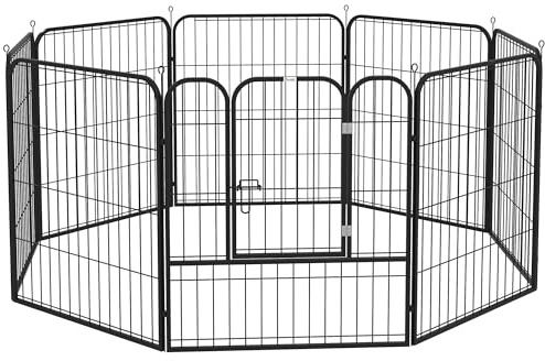 PawHut Recinto per Cani di Media Taglia a 8 Pannelli Modulabili da 80x1.5x80 cm, Box per Cani e Cuccioli Pieghevole con Porta in Acciaio con 8 Picchetti, Nero