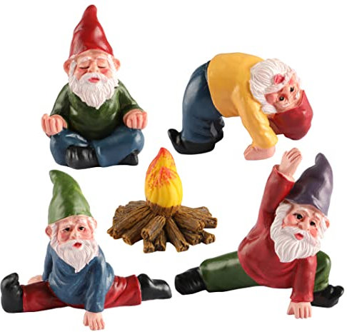 YARCHONN Miniature Garden Gnomes Ornament Outdoor Resin Elf Statue, Funny Gnome Fairy Garden Accessories for Patio, Yard, Lawn or Home Garden Decorations, Set of 5 (Yoga series)
