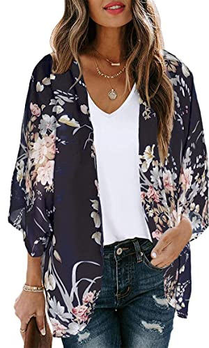 florynova Womens Kimono Cardigan Loose Beach Cover Ups(Navy Flower,XL)