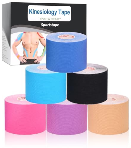 Gotaqery Kinesiology Tape (6 Rolls Pack), Waterproof Elastic Muscle Support Tape for Exercise, Sports & Injury Recovery, Breathable & Latex Free, 5cm x 5m Per Roll (Mixed Color)