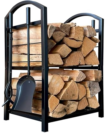 QUICK STAR Estantería de metal para leña de chimenea, 45 x 30 x 74 cm, almacenamiento interior con pala, pinzas, cepillo, atizador