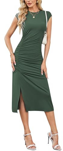 Newshows Womens Summer Dress Bodycon Casual Ruched Midi Dresses Cap Sleeve Slit Tight Pencil T-Shirt Dress Army Green,M
