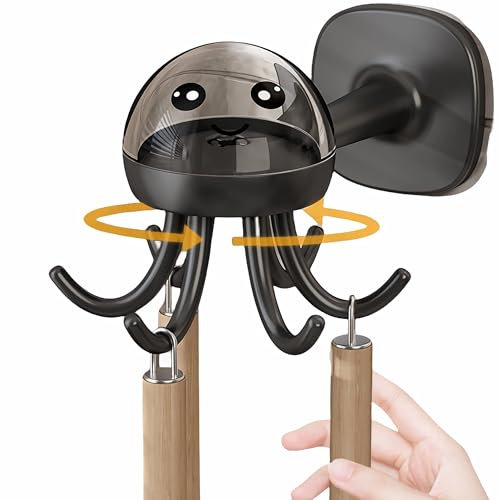 syiyunran 360° Crochets Rotatifs Crochet Cuisine - Noir, 2 pcs, Porte Ustensiles Mural Petite Pieuvre D'ustensiles Rail, Barre à Rotatif Support avec 6 Crochets, pour Cuisine, Bains, Bureau