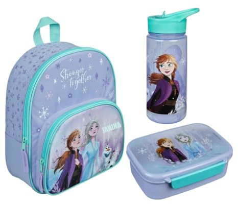 Mochila infantil de guardería para niña con diseño de Frozen, Juego de 2 mochilas, botella y fiambrera, 25 x 31 x 10 cm