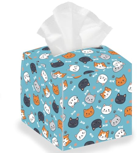 DELORIGIN Cute Cat Face Square Tissue Box Holder, Foldable Paper Towel Case, Polyurethane, Playful, Cute Cat Face