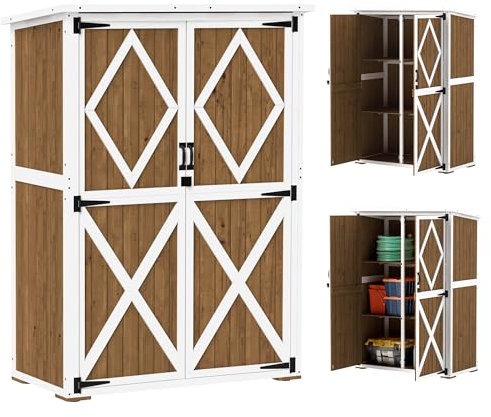 Outsunny Casetta da Giardino 0.55 m² con 2 Ripiani, 2 Porte con Serratura e Piedi Regolabili, Casetta Attrezzi Giardino in Legno di Abete e Tetto in Bitume, 116.5x57x159/167 cm, Marrone e Bianco
