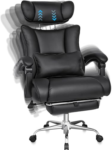 BASETBL Bürostuhl 200kg, Ergonomischer Chefsessel mit Belastbarkeit, 58cm breite Sitzfläche, 9cm verstellbare breite Kopfstütze, multifunktionale Fußstütze, EN12520 Zertifiziert, Bürosessel, Schwarz