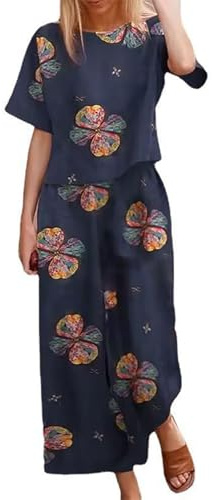 HOOUDO Velour Tracksuit Women Travel Airport Lounge Wear Set Ladies Summer Linen Sets Short Sleeve Round-Neck Tops & Loose Wide Leg Pants Co Ord Set Day Prime 2025
