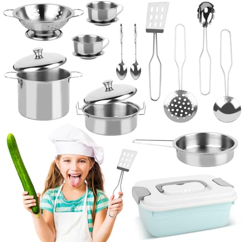 TOSAVGA Set de Juguetes de Cocina para Niños Accesorios, 17 Piezas Accesorios Cocina Juguetes Acero Inoxidable, Juguetes de Chef para Niños, Mini Cocina de Juguete con Utensilios, Juego de Roles