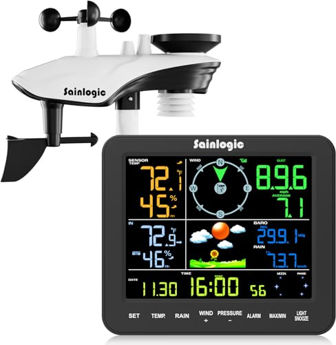 Sainlogic Home Weather Station with Rain Gauge and Wind Speed, Weather Stations Wireless Indoor Outdoor with Rain Gauge Outdoor, Forecast, Temperature, Humidity, Moon Phase, Alarm Clock(No WiFi)