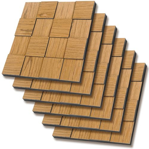 GreenClad 3D akustiska väggpaneler – 6-pack gyllene teakmosaik ljudabsorberande och ljudisolerade paneler 40 cm x 40 cm för hem och lägenhet inredning