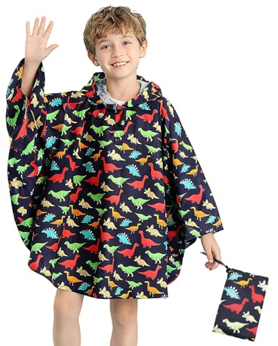 Keyck Mantellina Pioggia Bambini, Impermeabile Bambino Poncho Leggera Traspirante Giacca Bambina con Cappuccio, Riutilizzabile Ragazzi Ragazze Mantella Antipioggia 6-10 Anni, Dinosauro