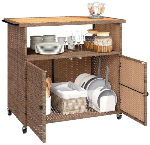 Outsunny Servierwagen Rattan Küchenwagen mit FSC Eukalyptusholz-Arbeitsplatte Ablagefach Rollen Seitengriff, Barwagen Grillwagen Outdoor Beistellwagen für Garten Pool Veranda 95 x 54 x 84 cm