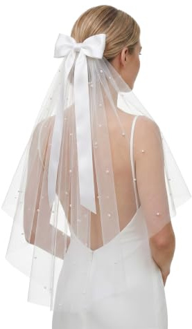 Bridal Bow Veil, Short Veils for Brides White Bachelorette Veil Wedding Veils for Brides Bride Veiles With Bow and Pearls - Elegant Tulle Comb Hold Engagement Favors for Bride and Women