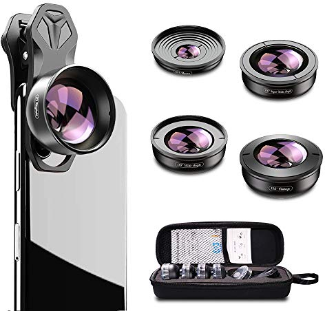 Apexel Kit de Lentes de teléfono HD versión actualizada: Gran Angular de 170°, Lente Macro 10X, Gran Angular de 110°, teleobjetivo Zoom 2.0X, Lente Ojo de pez de 195° para iPhone XR/XS/XS MAX/X/8 7 6
