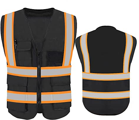 YOWESHOP Sicherheitsweste mit reflektierenden Streifen und Frontreißverschluss, Schwarz (orangefarbenes Gurtband), Größe L